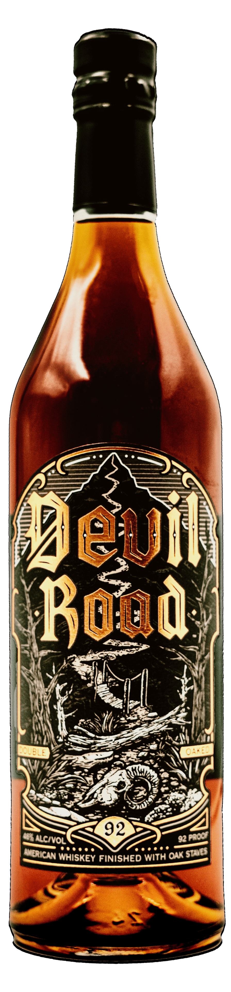 Glass bottle of Devil Road American Whiskey by Hell & Heaven Spirits